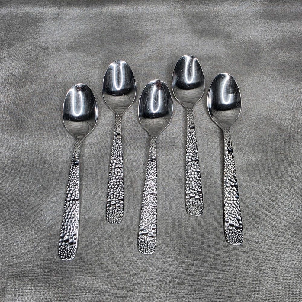 (X5) Hammered Silver Tone Teaspoons 6.25" Unmarked Flatware Replacements